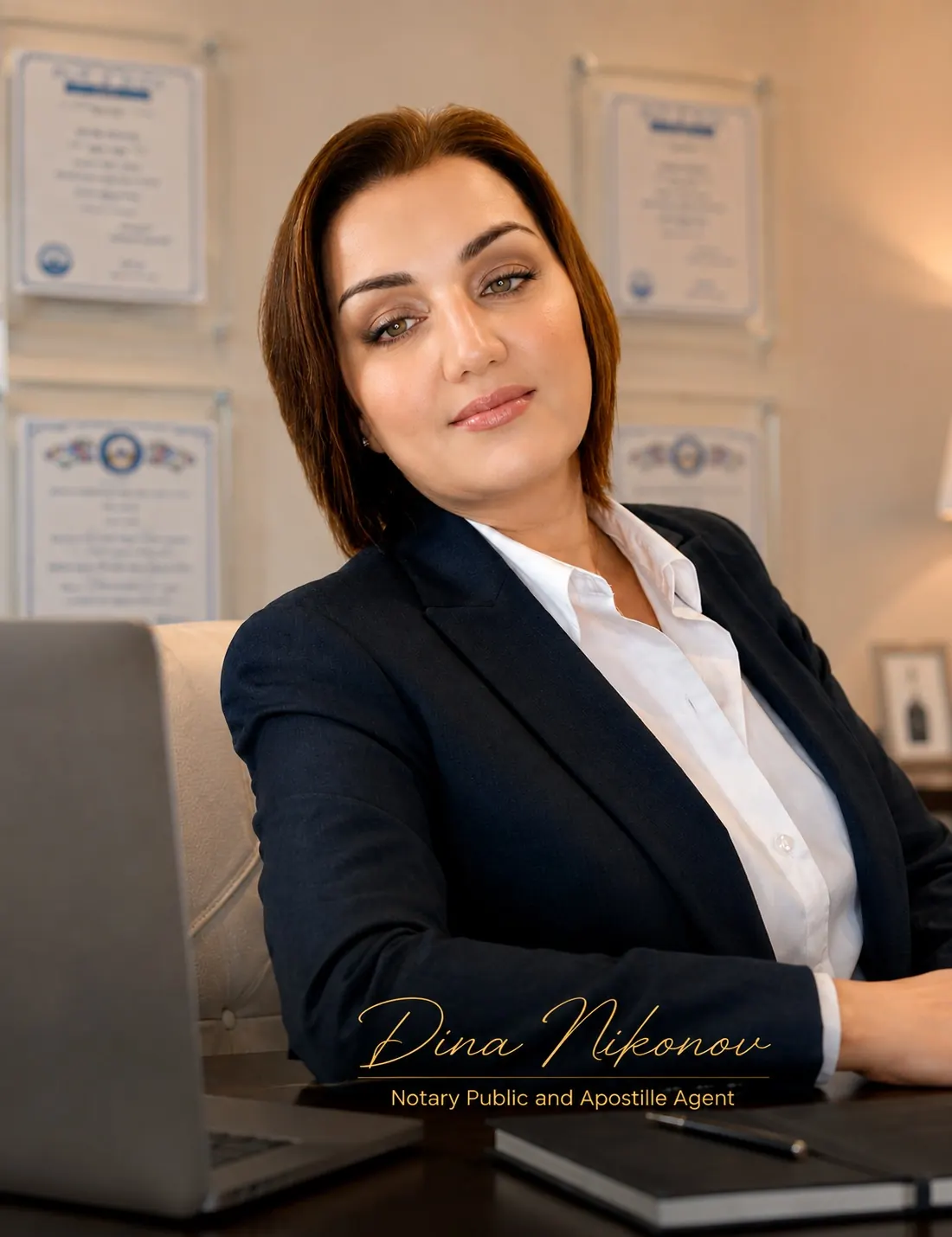 Dina Nikonov in her Kirkland, WA office near Seattle — notary public and apostille agent for Washington documents